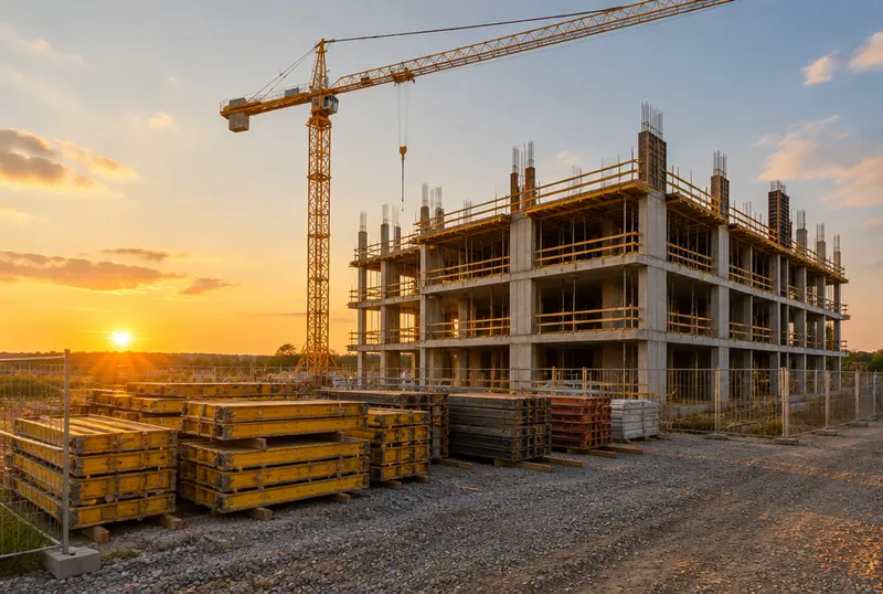 Chantier de gros oeuvre : grue à tour, banches empilées, piste d’accès poids lourd et câblage provisoire protégé au sol.