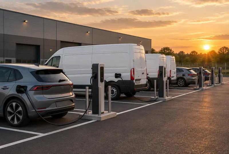 Rangée de fourgons utilitaires garés sous les mâts d’éclairage d’une cour de dépôt, câbles de recharge enroulés sur la bordure.